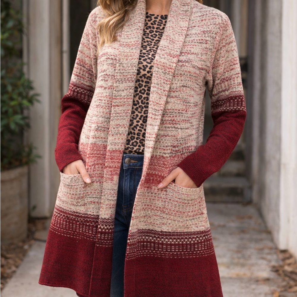 Maxsport Long Cardigan Duster XL Pink Rose Maroon Long Sleeve Knit Woman’s